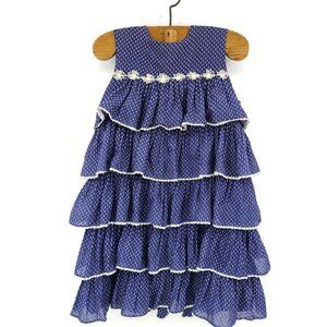 Vintage Kate Greenaway Dress Girls 6 Blue White Tiered Layered Top Bow